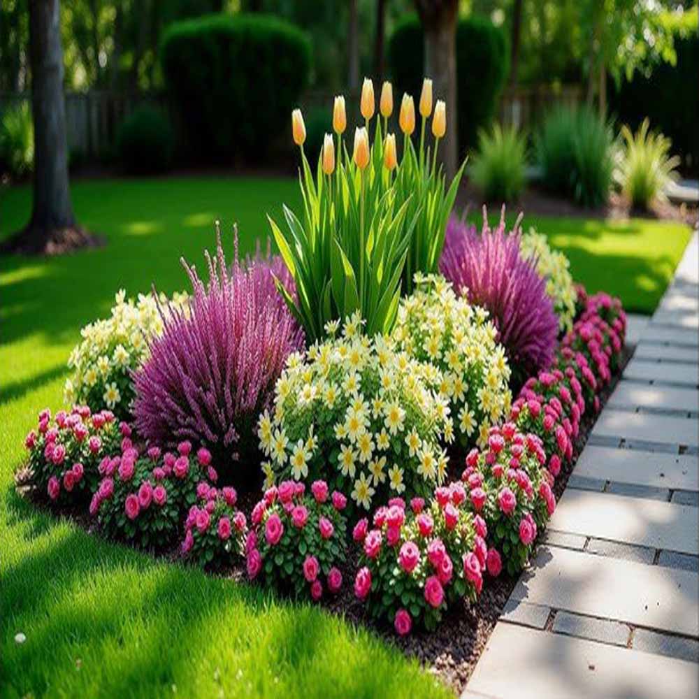 Freshly installed green sod lawn next to a prepared flower bed.