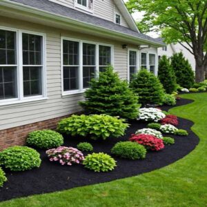 Decorative garden bed with fresh mulch and ornamental plants.