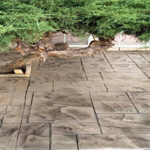 Modern stamped concrete driveway finish without border.